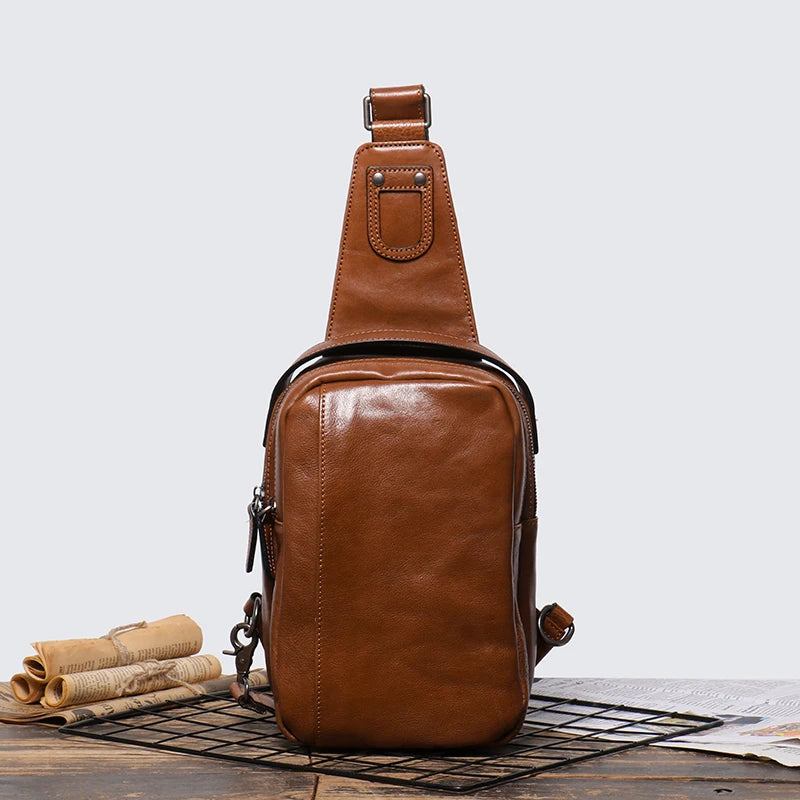 Herren-brusttasche Aus Echtem Leder Lässige Handtasche Trendige Umhängetasche Mit Einer Schulter - Vintage-Braun