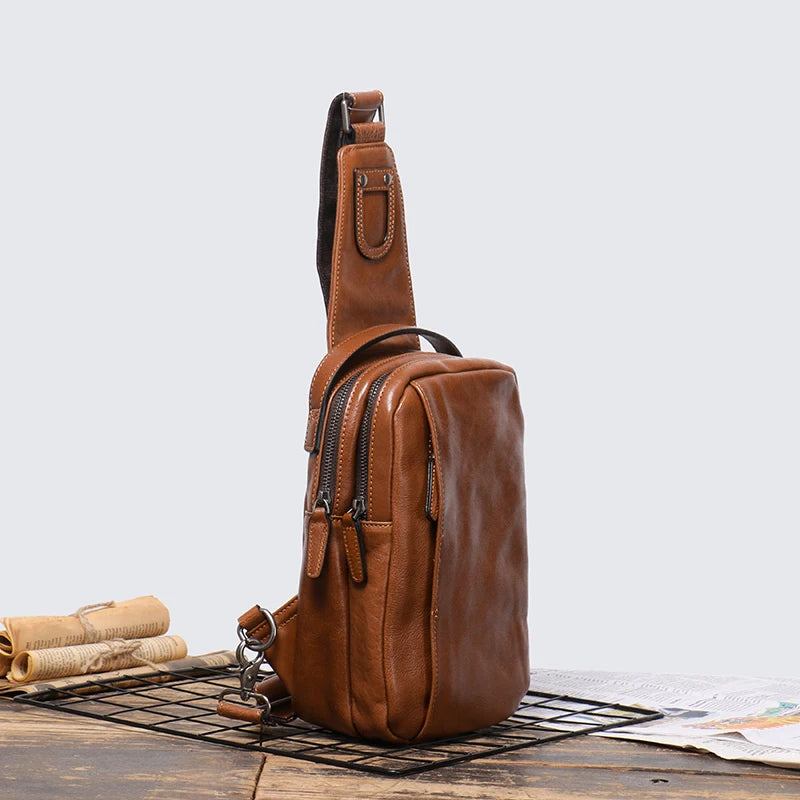 Herren-brusttasche Aus Echtem Leder Lässige Handtasche Trendige Umhängetasche Mit Einer Schulter - Vintage-Braun