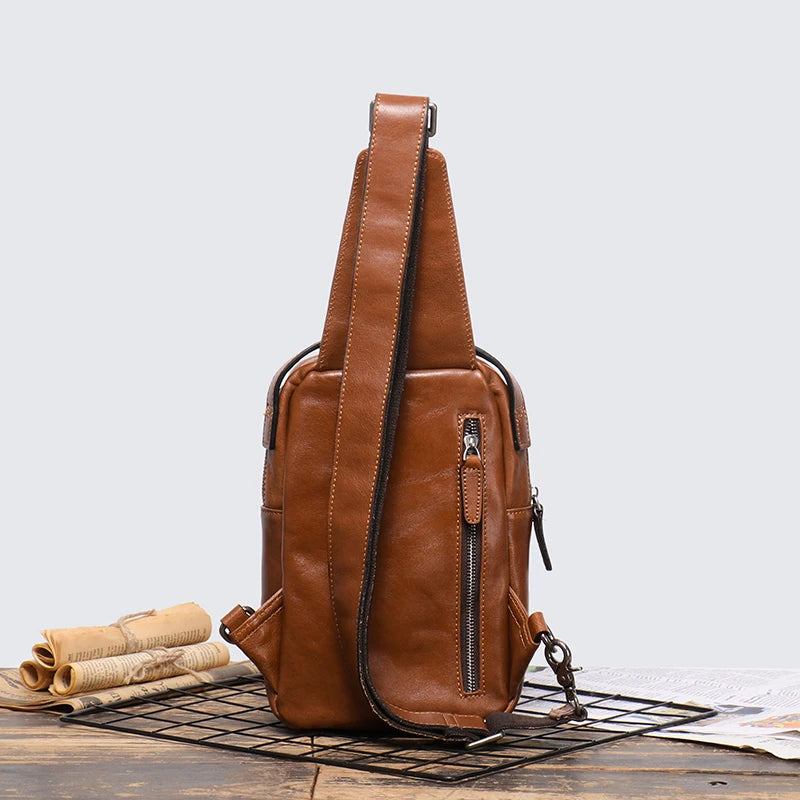 Herren-brusttasche Aus Echtem Leder Lässige Handtasche Trendige Umhängetasche Mit Einer Schulter - Vintage-Braun