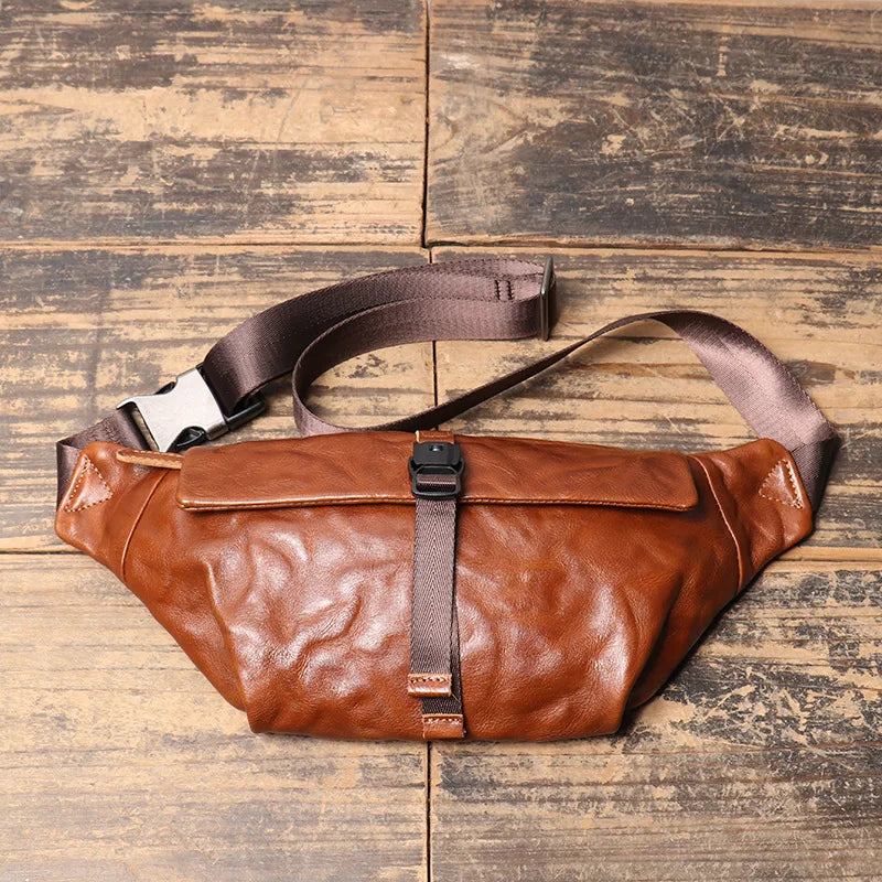 Retro-brusttasche Aus Leder Für Herren Mit Handgriffmuster Kleiner Schräger Rucksack - Schwarz