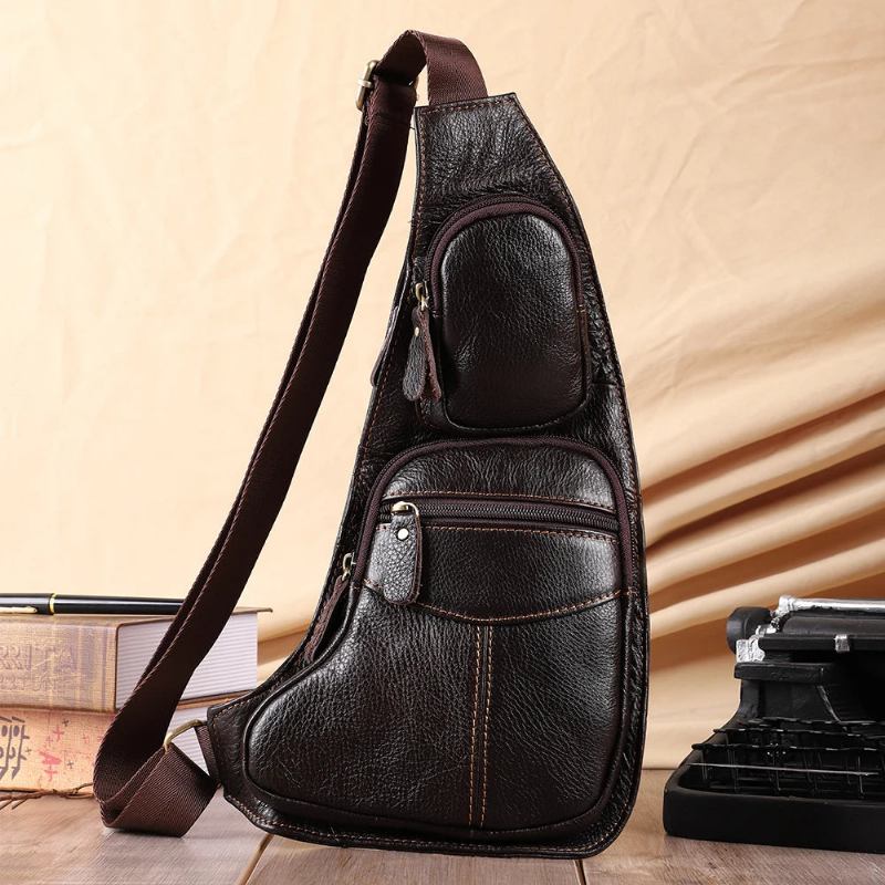 Umhängetasche Aus Echtem Leder Für Herren Sling-brusttasche Multifunktionale Handytaschen Tagesrucksack - Kaffee