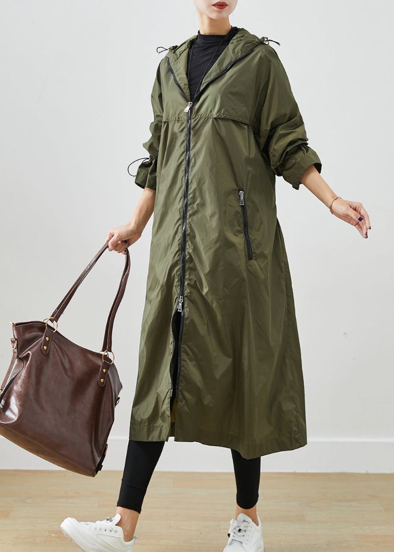 Armee Grün Spandex Trenchcoat Mit Kordelzug Herbst