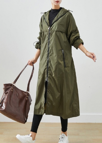 Armee Grün Spandex Trenchcoat Mit Kordelzug Herbst