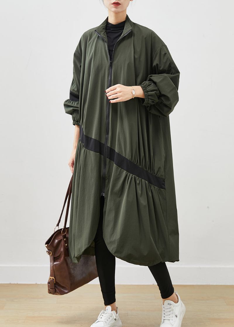 Armeegrüner Asymmetrischer Zerknitterter Trenchcoat Aus Patchwork Frühling - Damen-Trenchcoats