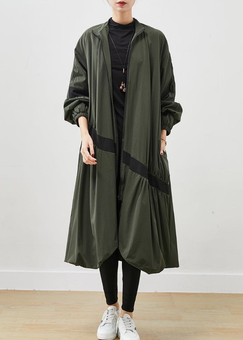 Armeegrüner Asymmetrischer Zerknitterter Trenchcoat Aus Patchwork Frühling - Damen-Trenchcoats