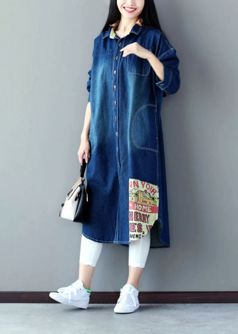 Art Blue Oversized Patchwork Applikation Baumwoll Denim Trenchcoat Frühling