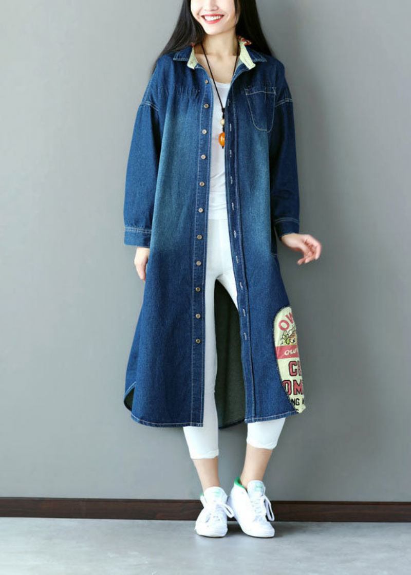 Art Blue Oversized Patchwork Applikation Baumwoll Denim Trenchcoat Frühling - Damen-Trenchcoats