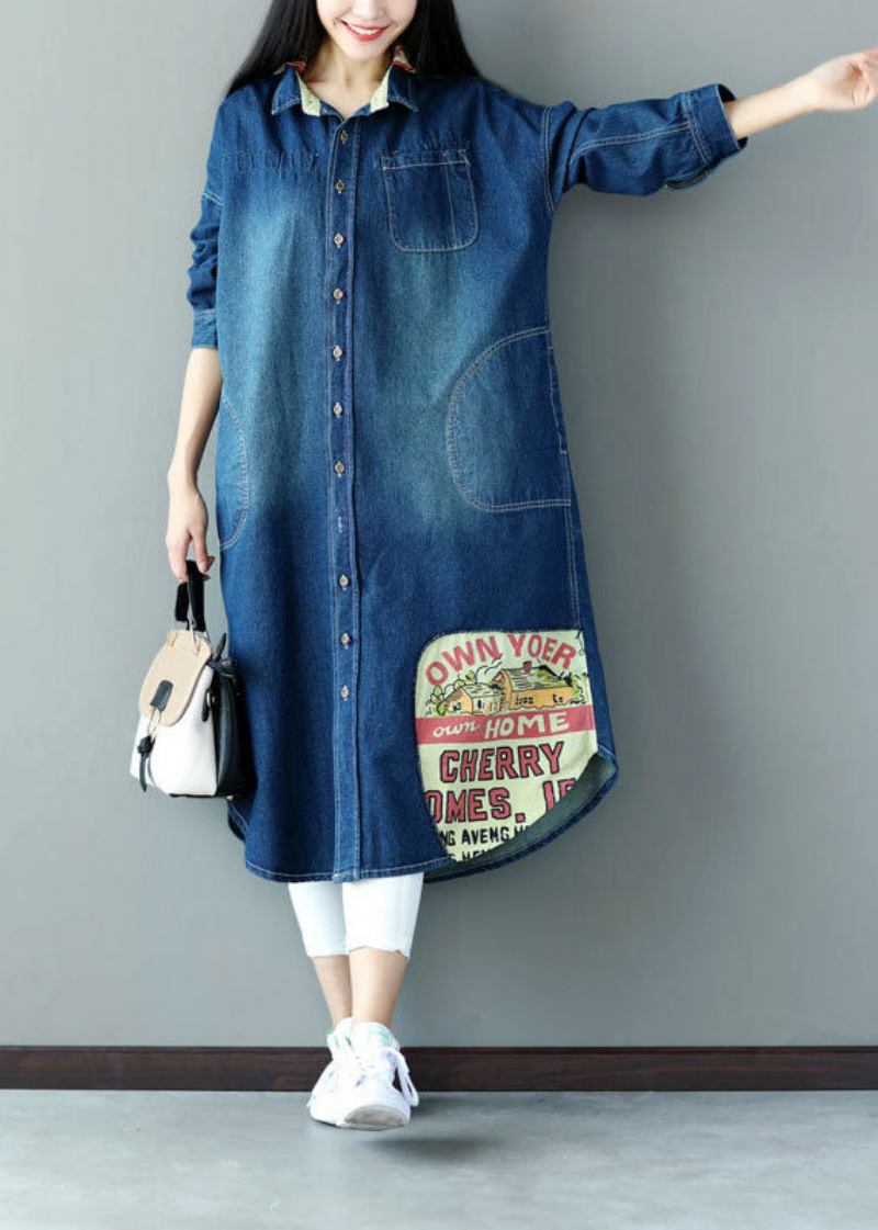 Art Blue Oversized Patchwork Applikation Baumwoll Denim Trenchcoat Frühling - Damen-Trenchcoats