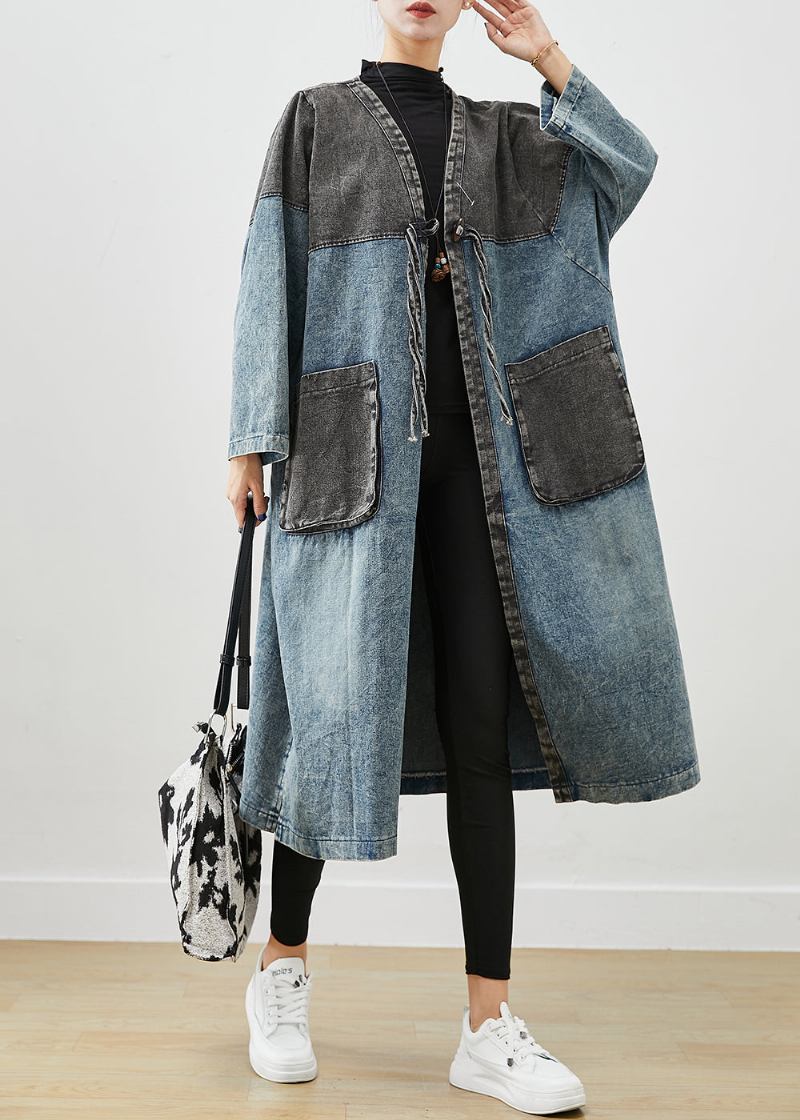 Art Blue Oversized Patchwork Schnürung Denim Cardigan Herbst