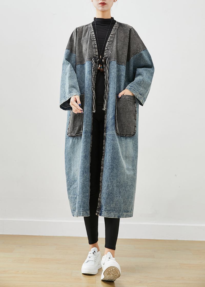 Art Blue Oversized Patchwork Schnürung Denim Cardigan Herbst - Damen-Trenchcoats