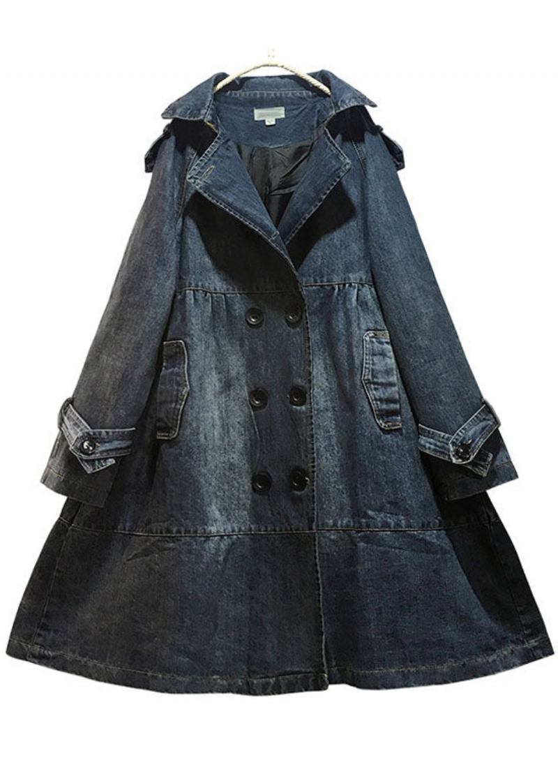 Art Blue Peter Pan Kragen Taschen Knopf Herbst Denim Trenchcoats Mantel - Damen-Trenchcoats