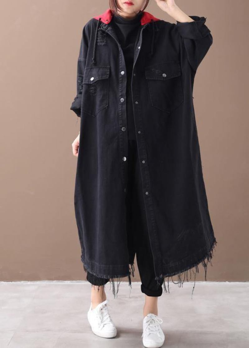 Art Denim Schwarz Übergrößen Kleidung Hemden Mit Kapuze Button Down Mäntel - Damen-Trenchcoats