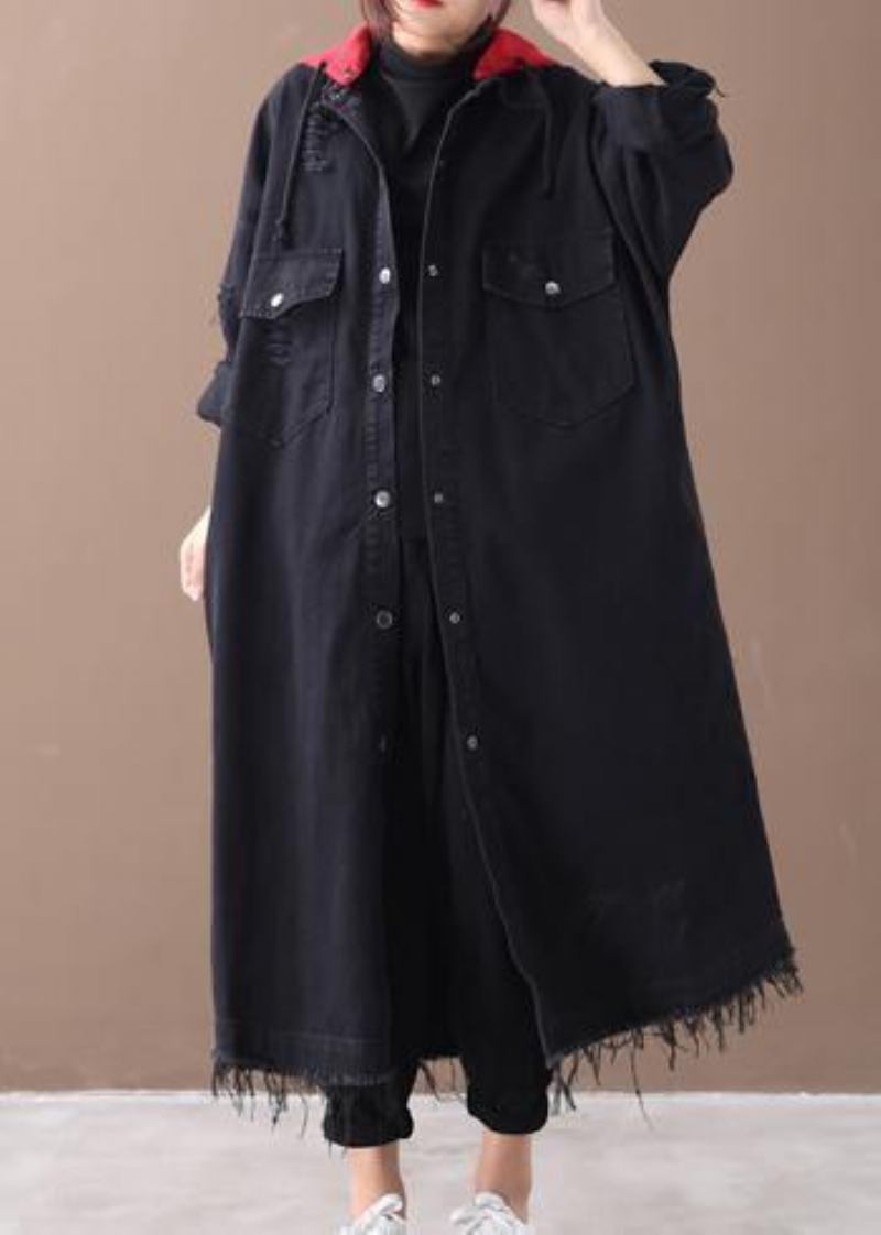 Art Denim Schwarz Übergrößen Kleidung Hemden Mit Kapuze Button Down Mäntel - Damen-Trenchcoats