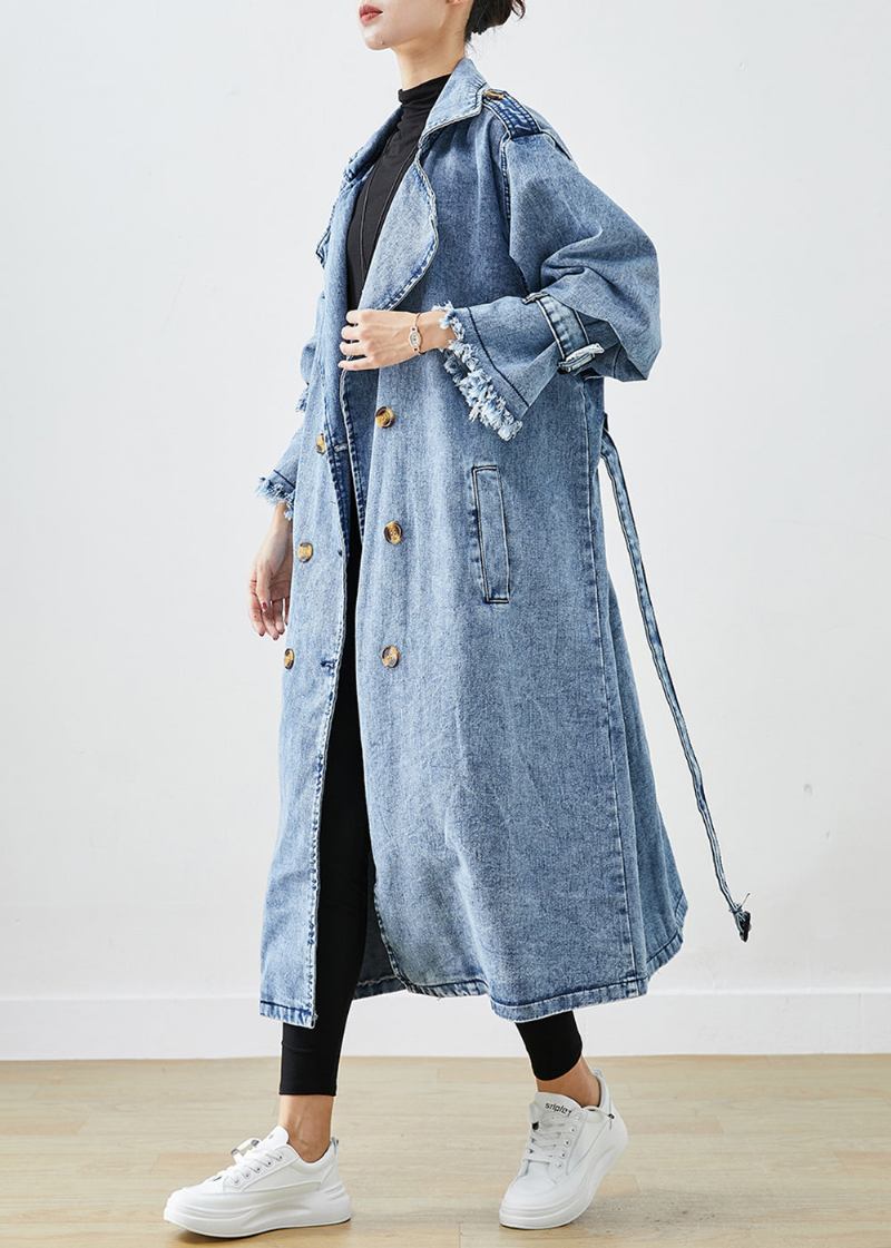 Art Hellblau Revers Zweireiher Denim Trenchcoats Herbst - Damen-Trenchcoats