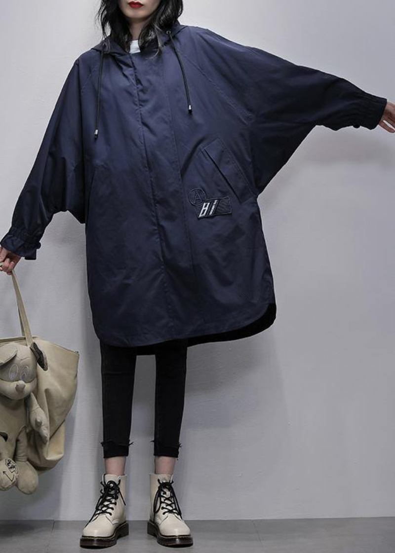 Art Kapuzen-reißverschluss Fashion Kranich Mäntel Blau Große Größen Kleidung - Damen-Trenchcoats