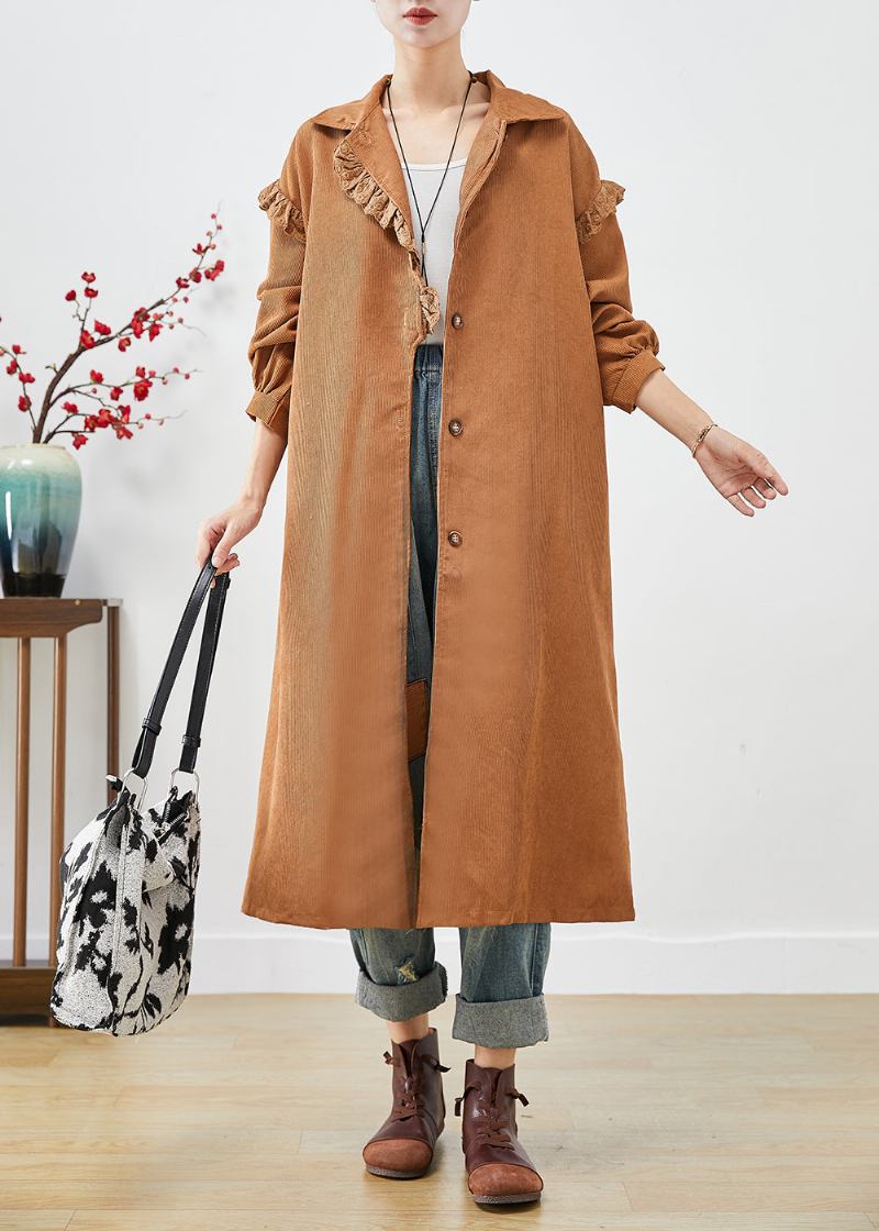 Art Khaki Rüschen Patchwork Asymmetrische Cord Trenchcoat Herbst