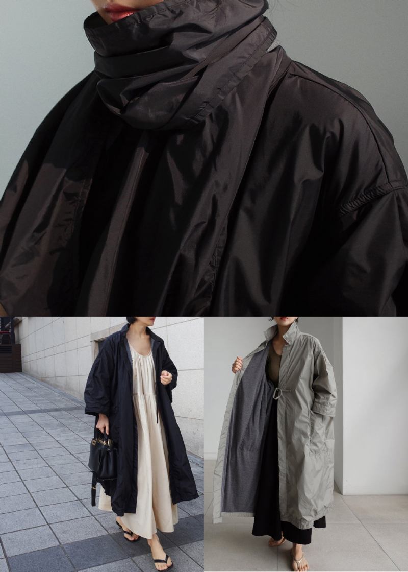 Art Schwarz Peter Pan Kragen Taschen Trenchcoats Langarm - Schwarz