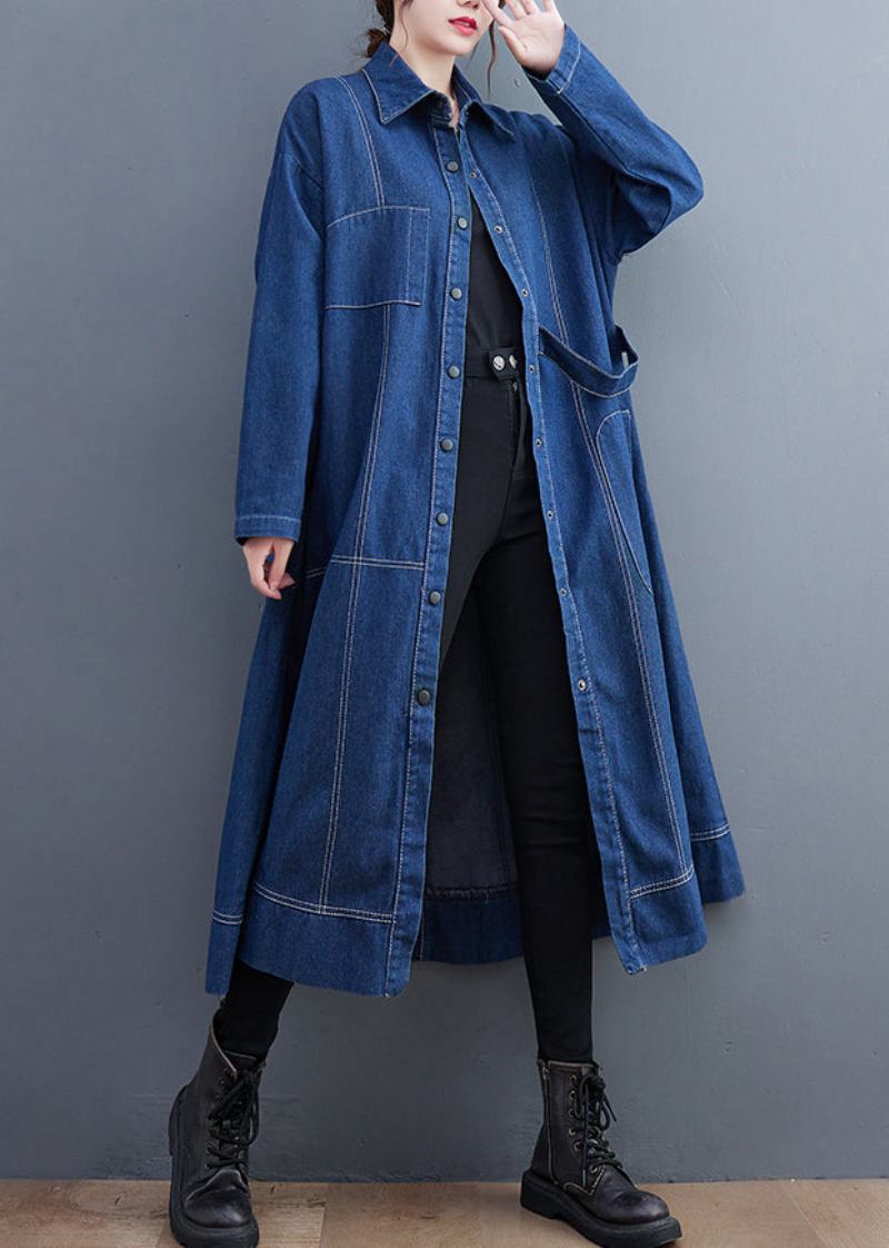 Blau Patchwork Denim Langer Trenchcoat Peter Pan Kragen Langarm