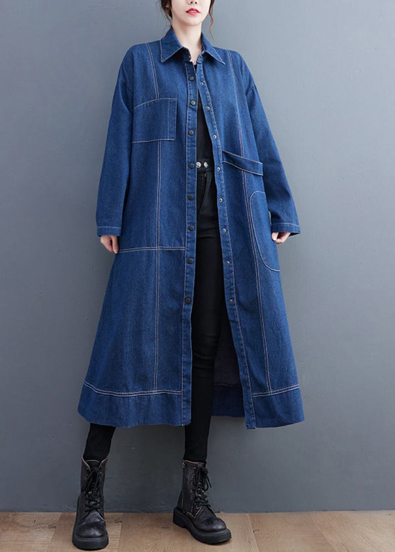 Blau Patchwork Denim Langer Trenchcoat Peter Pan Kragen Langarm - Damen-Trenchcoats