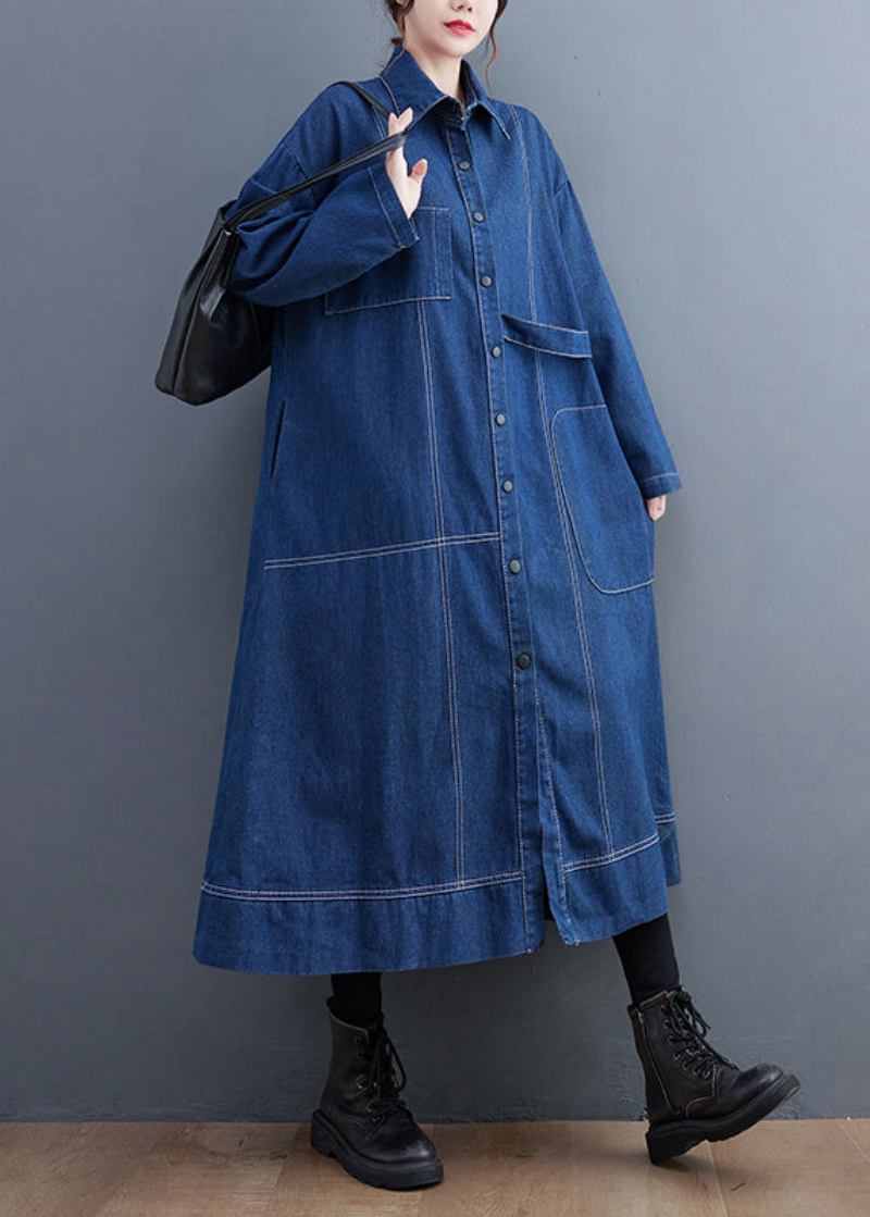 Blau Patchwork Denim Langer Trenchcoat Peter Pan Kragen Langarm - Damen-Trenchcoats