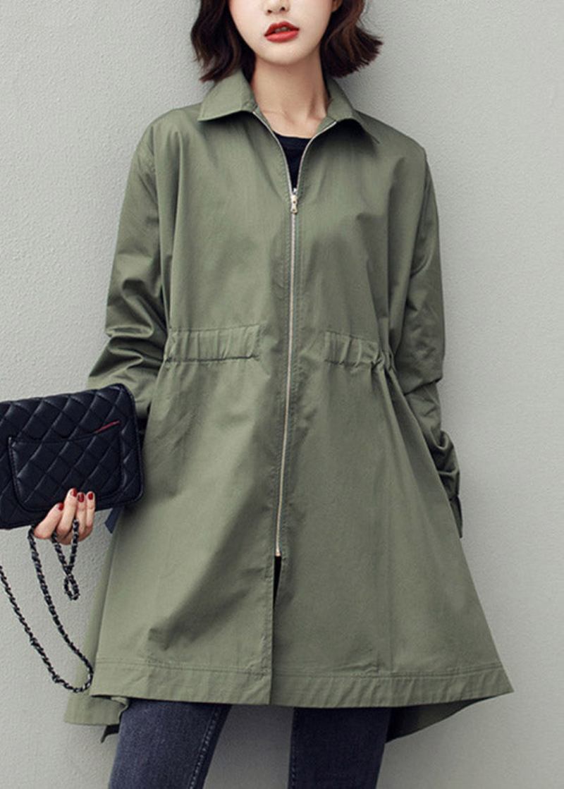 Bohemian Armee Grün Peter Pan Kragen Reißverschluss Kordelzug Baumwolle Lange Trenchcoats - Damen-Trenchcoats