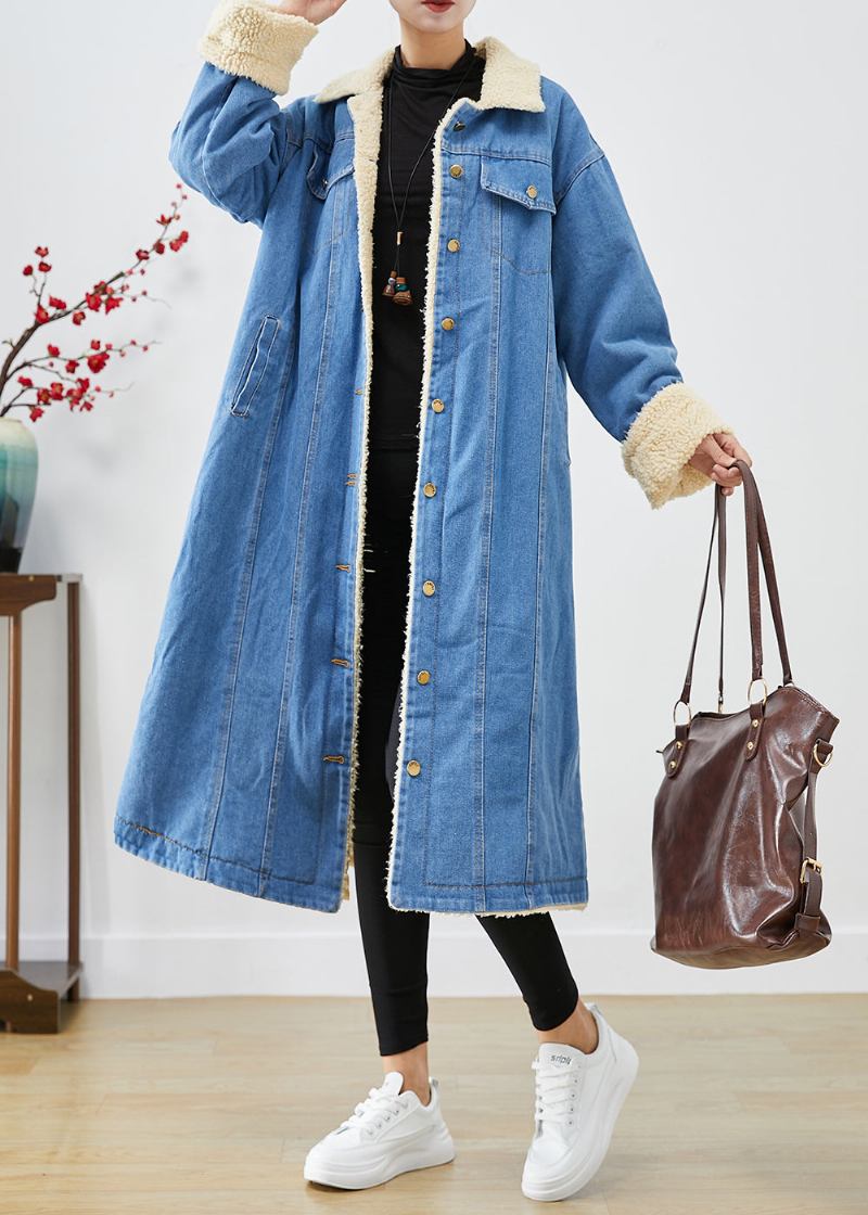 Bohemian Blau Übergroßen Dicke Fleece Wolle Gefüttert Denim Trenchcoats Winter