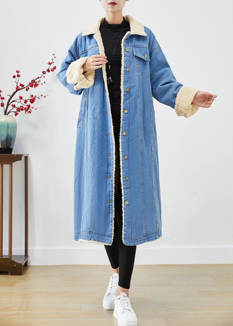 Bohemian Blau Übergroßen Dicke Fleece Wolle Gefüttert Denim Trenchcoats Winter - Damen-Trenchcoats