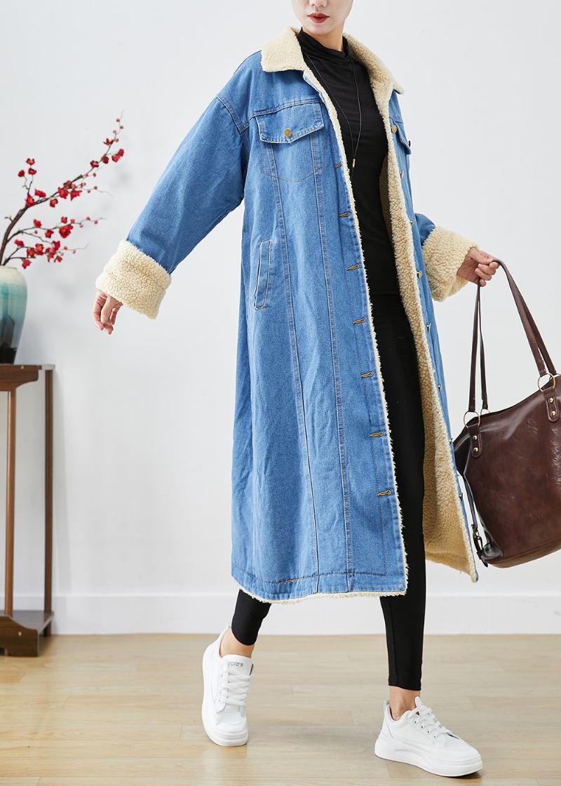 Bohemian Blau Übergroßen Dicke Fleece Wolle Gefüttert Denim Trenchcoats Winter - Damen-Trenchcoats