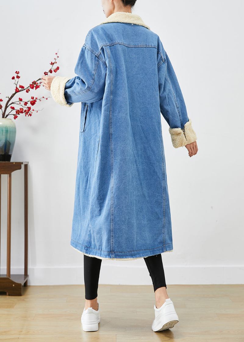 Bohemian Blau Übergroßen Dicke Fleece Wolle Gefüttert Denim Trenchcoats Winter - Damen-Trenchcoats