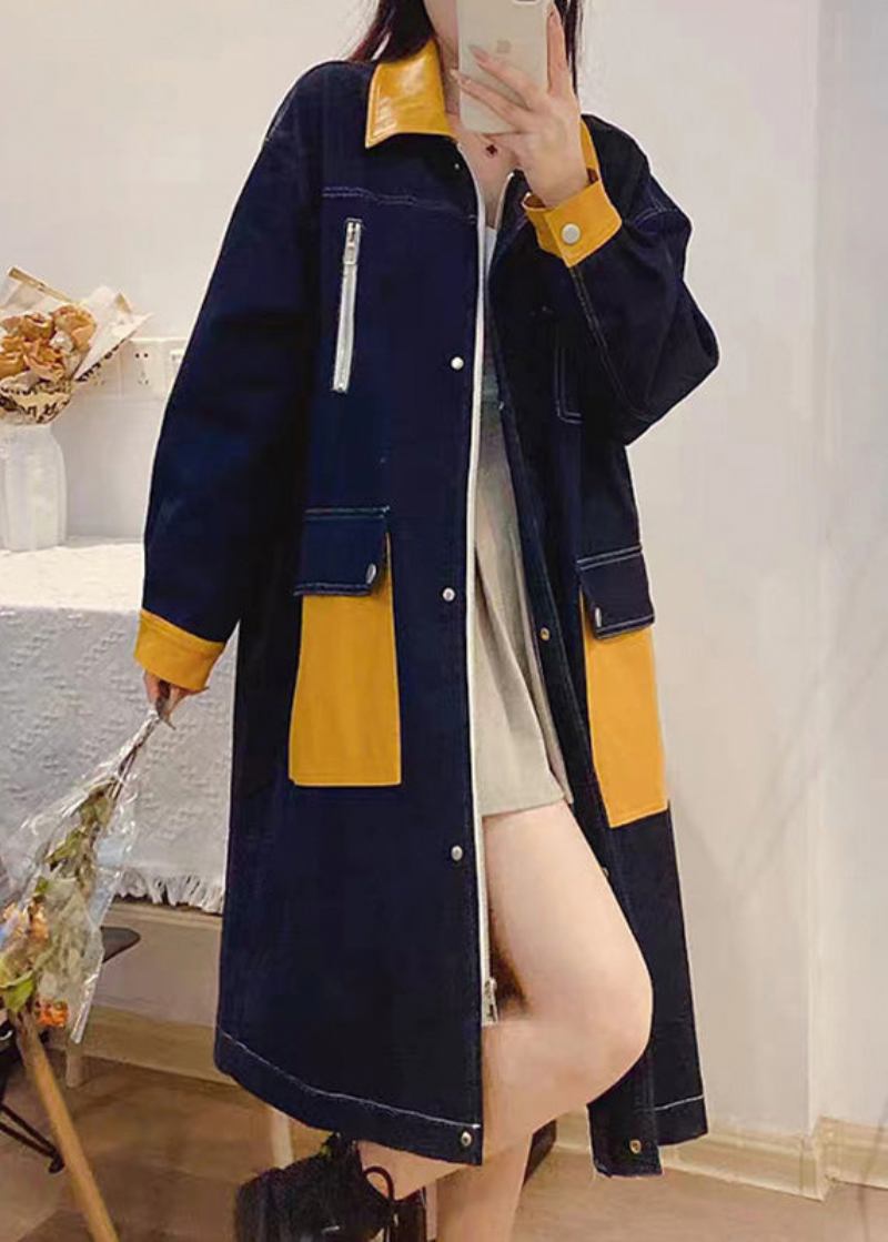 Bohemian Denim Blau Peter Pan Kragen Patchwork Reißverschluss Knopf Leinen Lange Trenchcoats Herbst