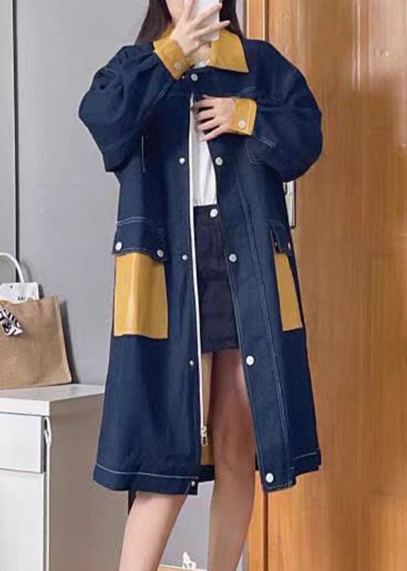 Bohemian Denim Blau Peter Pan Kragen Patchwork Reißverschluss Knopf Leinen Lange Trenchcoats Herbst - Damen-Trenchcoats