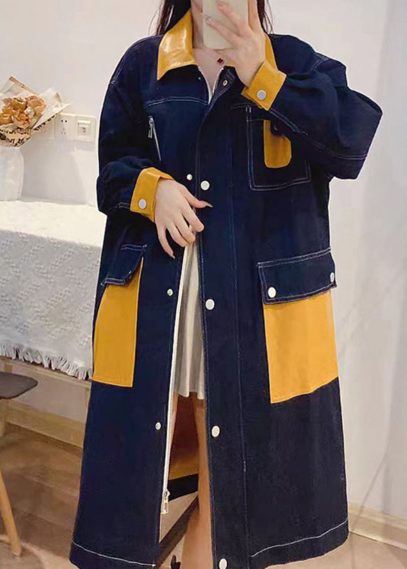 Bohemian Denim Blau Peter Pan Kragen Patchwork Reißverschluss Knopf Leinen Lange Trenchcoats Herbst - Damen-Trenchcoats