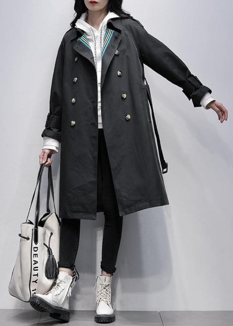 Bohemian Einkerbung Taillenbund Feiner Trenchcoat Schwarz Knielange Mäntel - Damen-Trenchcoats