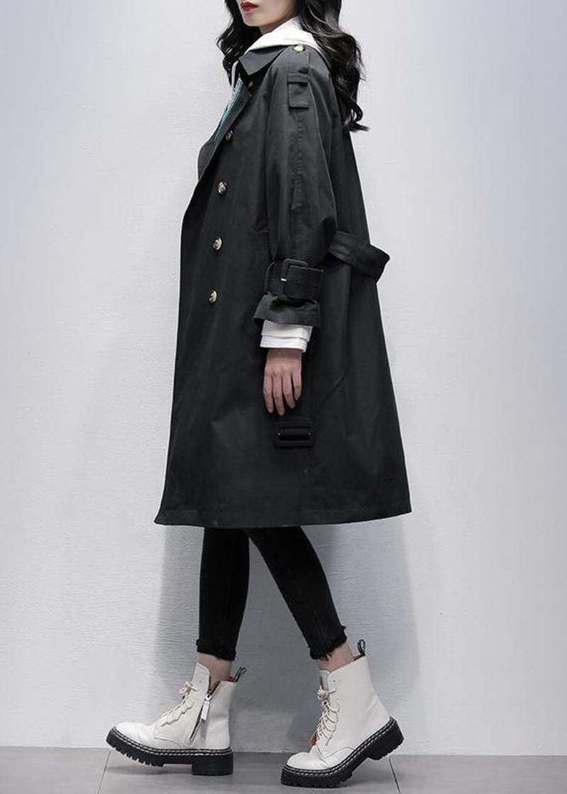 Bohemian Einkerbung Taillenbund Feiner Trenchcoat Schwarz Knielange Mäntel - Damen-Trenchcoats