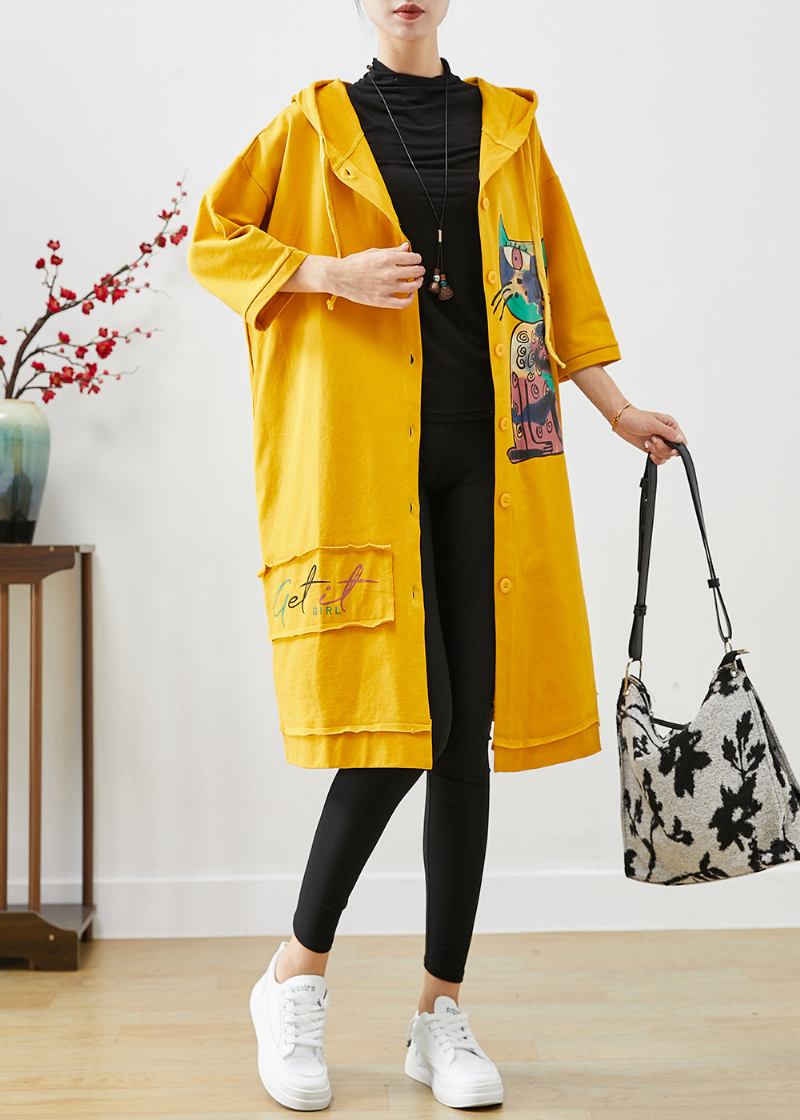 Bohemian Gelb Mit Kapuze Katze Print Baumwolle Mantel Outwear Herbst - Damen-Trenchcoats