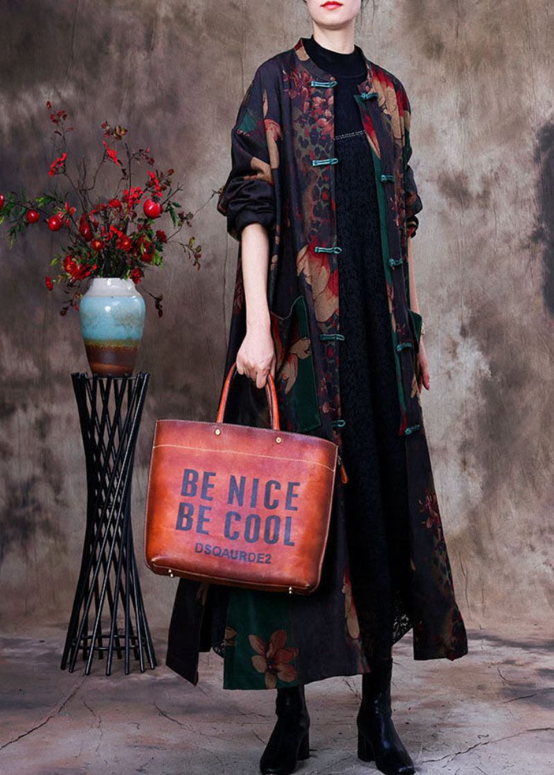 Bohemian Grün Print Patchwork Seite Offen Orientalischen Knopf Baumwolle Trenchcoat Langarm