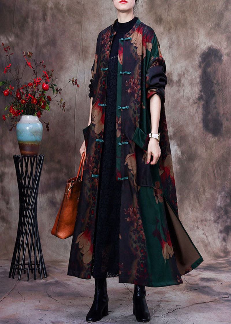 Bohemian Grün Print Patchwork Seite Offen Orientalischen Knopf Baumwolle Trenchcoat Langarm - Damen-Trenchcoats