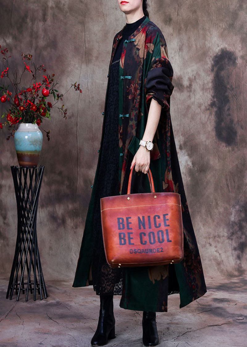 Bohemian Grün Print Patchwork Seite Offen Orientalischen Knopf Baumwolle Trenchcoat Langarm - Damen-Trenchcoats