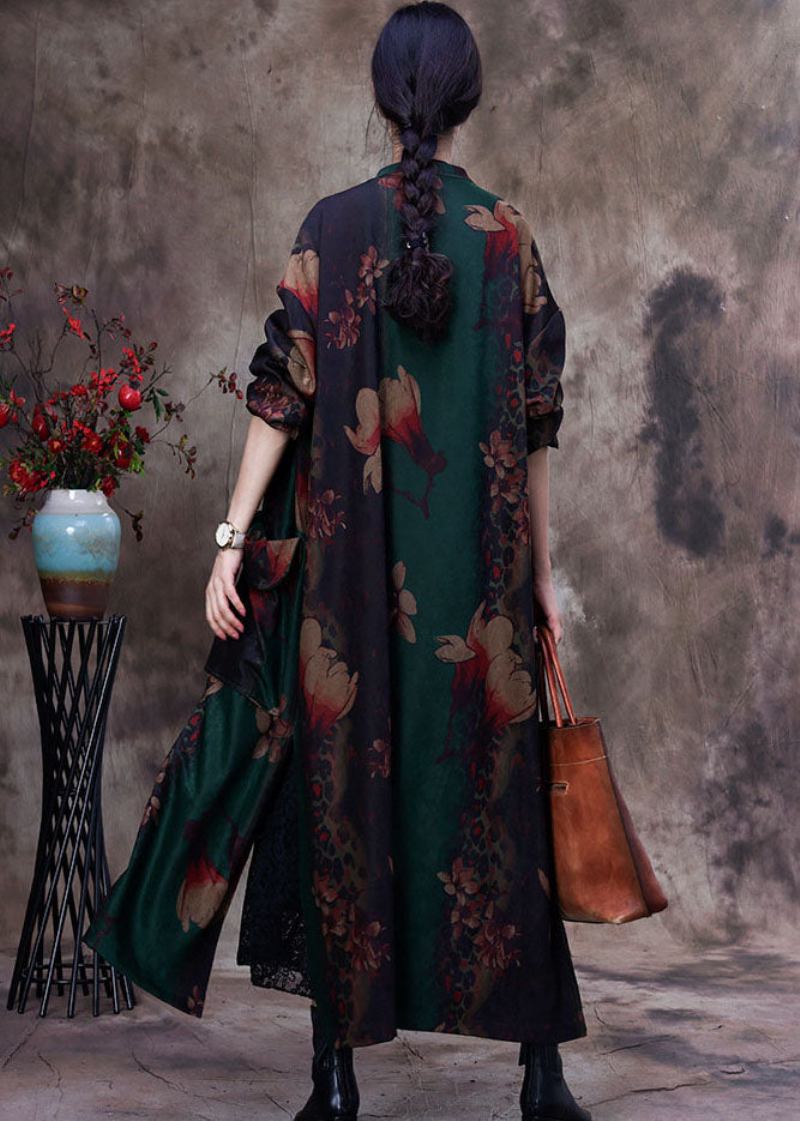 Bohemian Grün Print Patchwork Seite Offen Orientalischen Knopf Baumwolle Trenchcoat Langarm - Damen-Trenchcoats