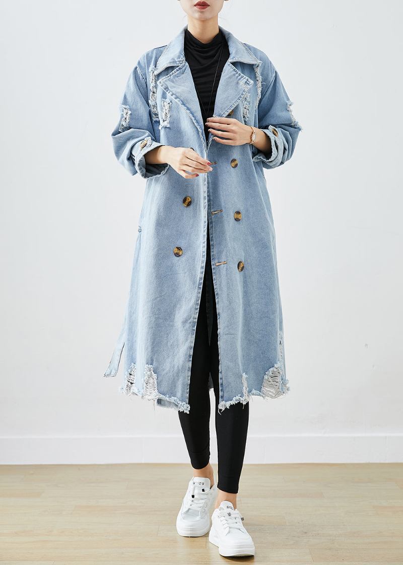 Bohemian Hellblau Revers Zweireiher Denim Zerrissene Mäntel Herbst - Damen-Trenchcoats