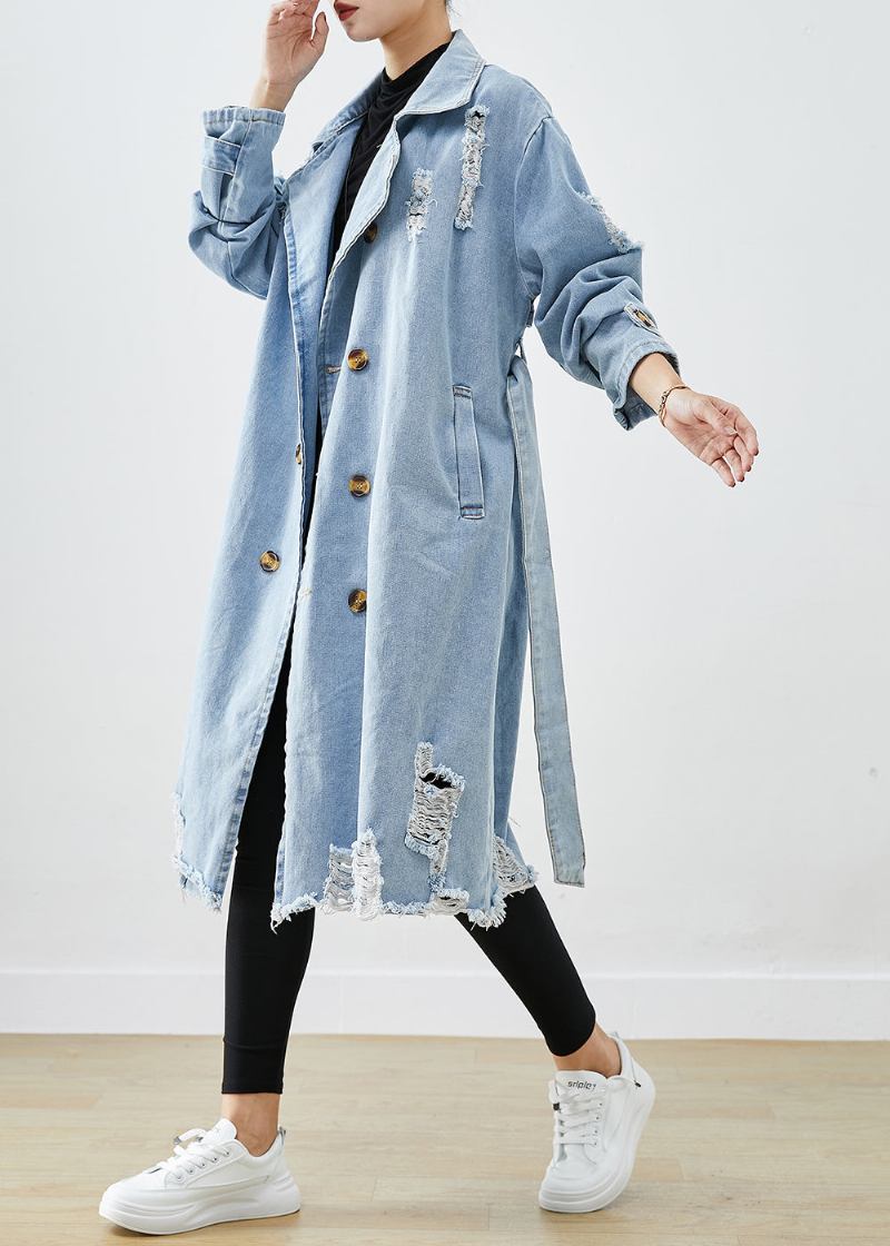 Bohemian Hellblau Revers Zweireiher Denim Zerrissene Mäntel Herbst - Damen-Trenchcoats