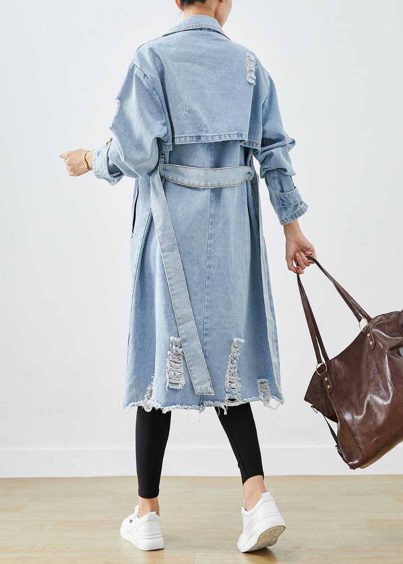 Bohemian Hellblau Revers Zweireiher Denim Zerrissene Mäntel Herbst - Damen-Trenchcoats