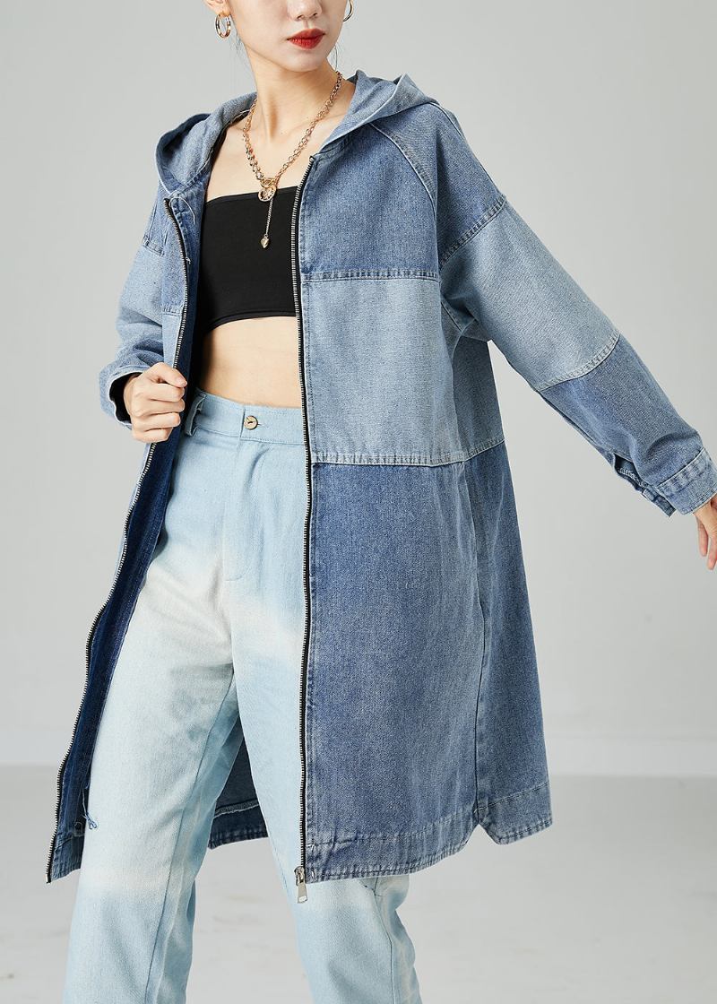 Bohemian Hellblau Übergroßen Patchwork Baumwolle Denim Mantel Frühling - Damen-Trenchcoats