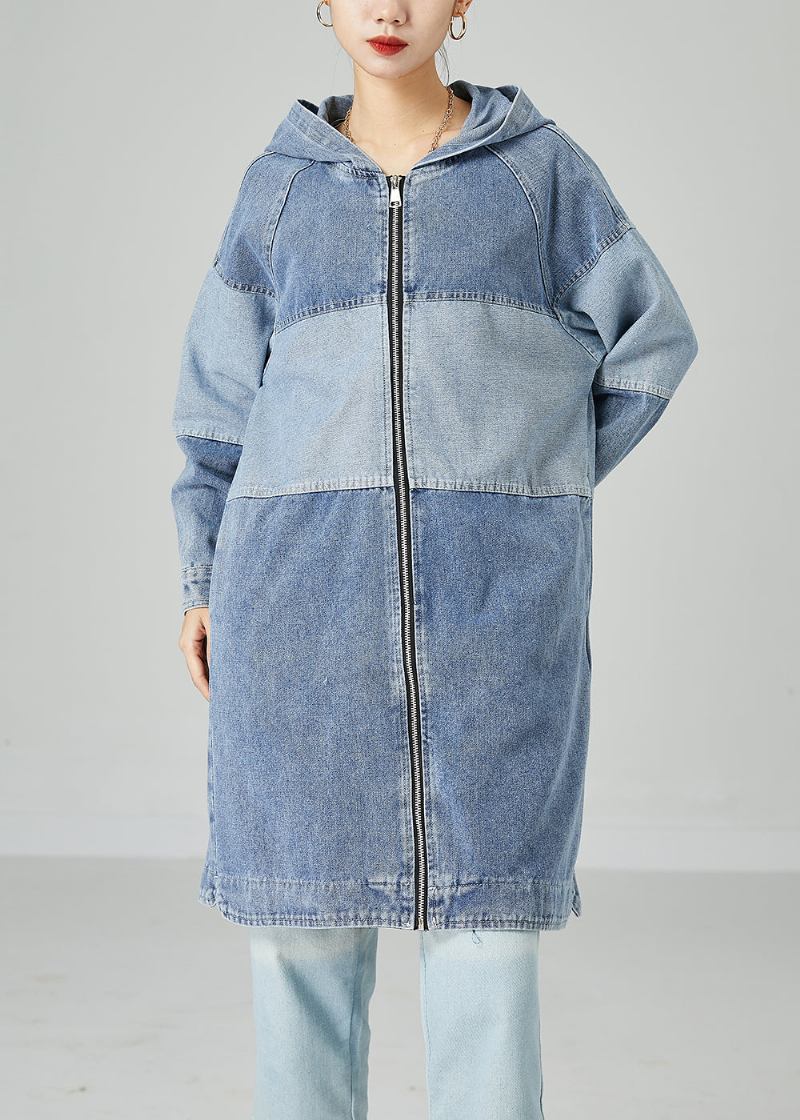 Bohemian Hellblau Übergroßen Patchwork Baumwolle Denim Mantel Frühling - Damen-Trenchcoats