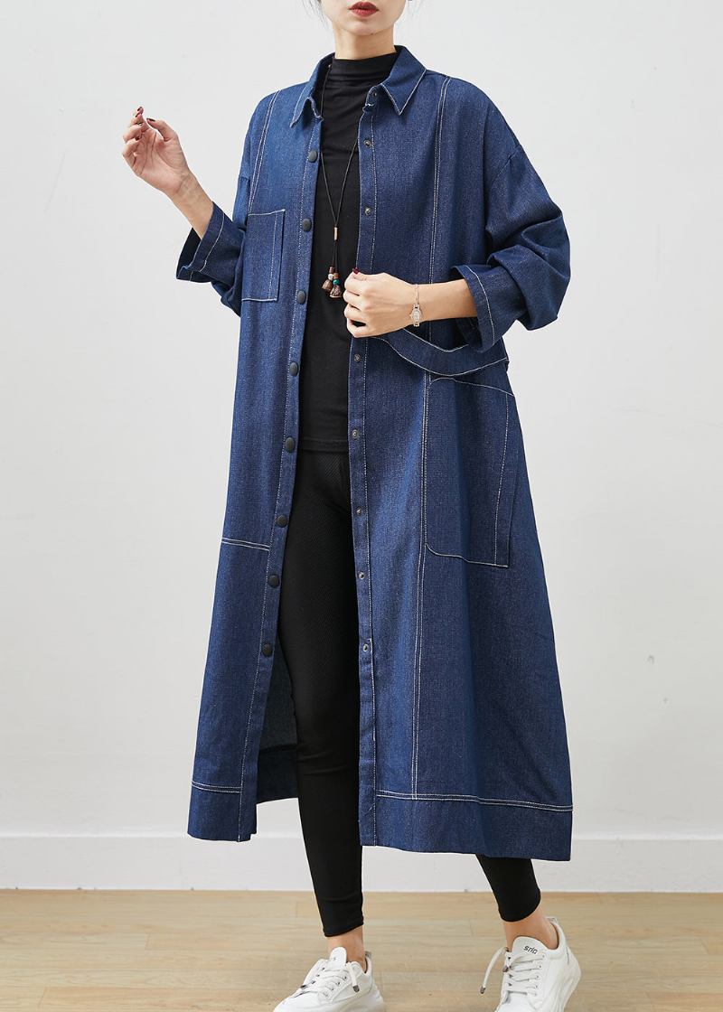 Bohemian Marineblauer Übergroßer Denim-trenchcoat Mit Taschen Frühling