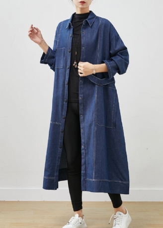 Bohemian Marineblauer Übergroßer Denim-trenchcoat Mit Taschen Frühling