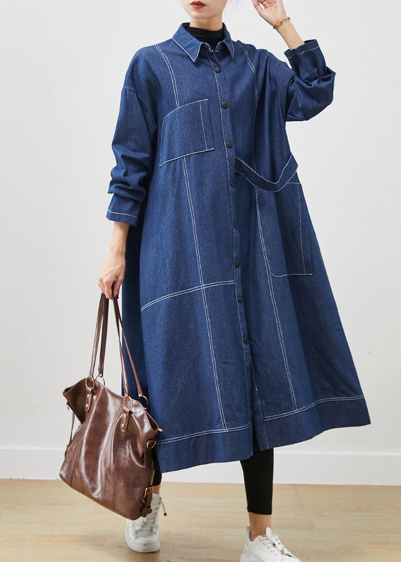 Bohemian Marineblauer Übergroßer Denim-trenchcoat Mit Taschen Frühling - Damen-Trenchcoats