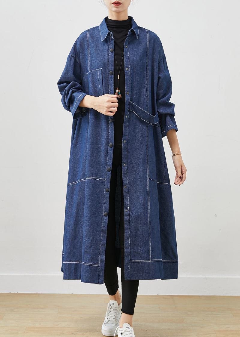 Bohemian Marineblauer Übergroßer Denim-trenchcoat Mit Taschen Frühling - Damen-Trenchcoats