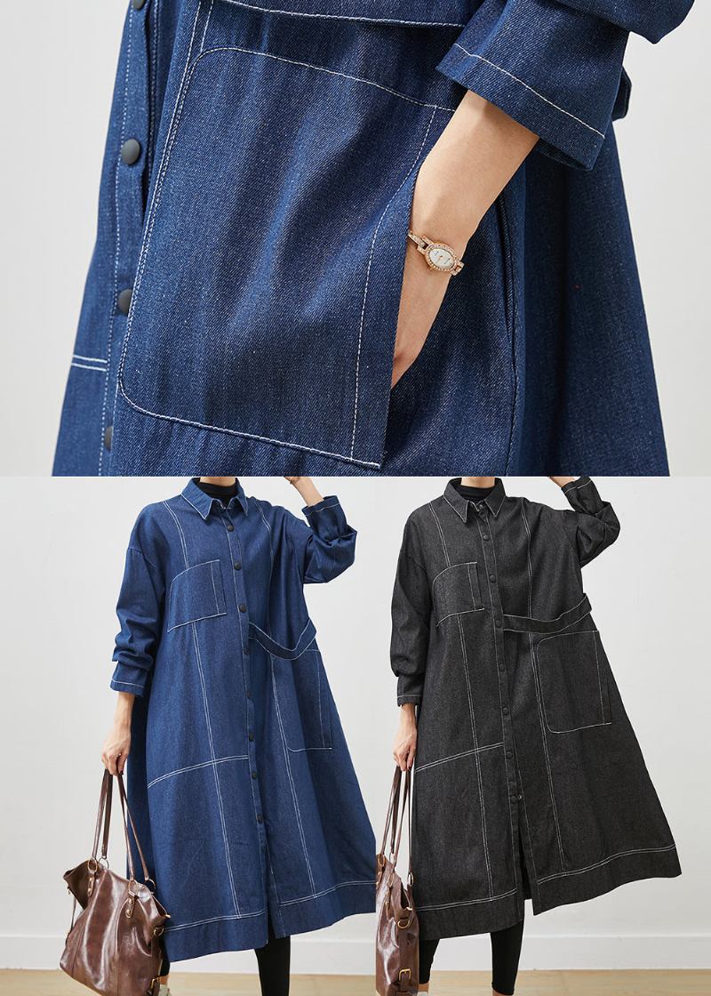 Bohemian Marineblauer Übergroßer Denim-trenchcoat Mit Taschen Frühling - Damen-Trenchcoats