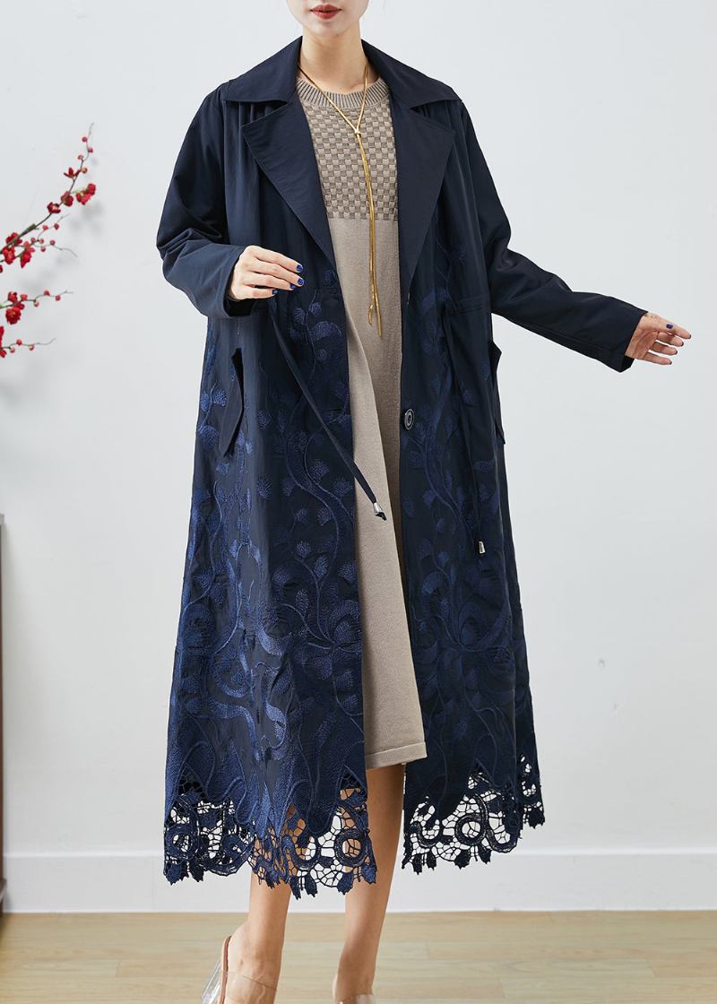 Bohemian Navy Bestickte Krawatte Taille Spandex Trenchcoats Herbst